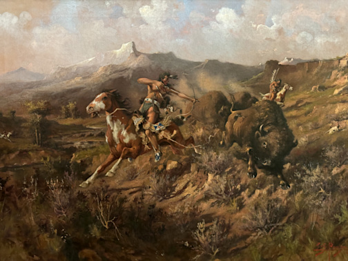 Completed cleaning of a buffalo hunt by Edgar Samuel Paxson (1901) restores the vibrancy and detail of Paxson's dramatic painting.